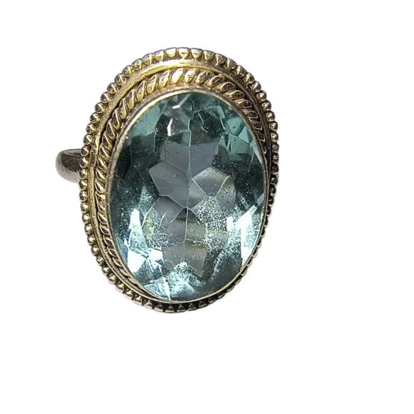 Vintage Handmade Light Blue Faceted Glass Crystal And Sterling Silver Ring - Picture 4 of 12